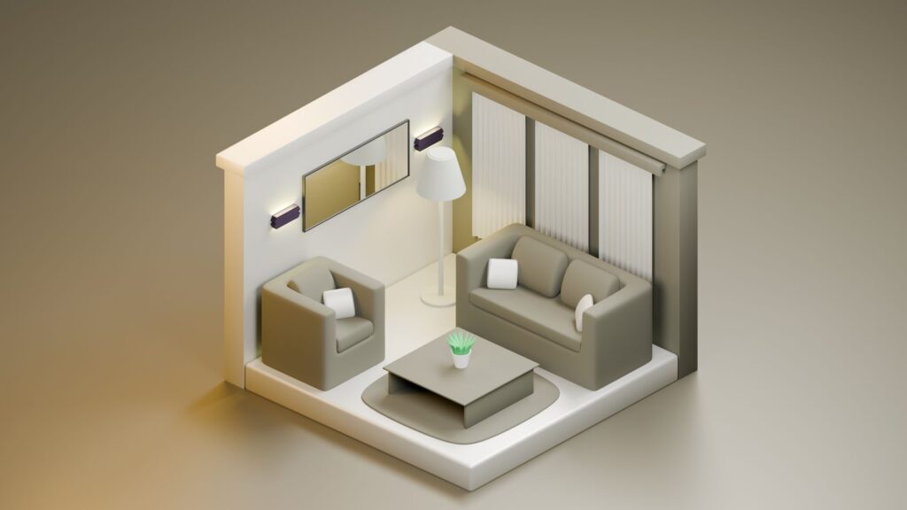 minimalist isometric living room interior design