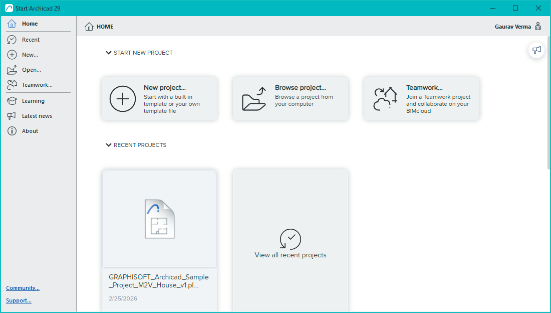 Archicad 29 Home page showing New project, Browse project and Teamwork options