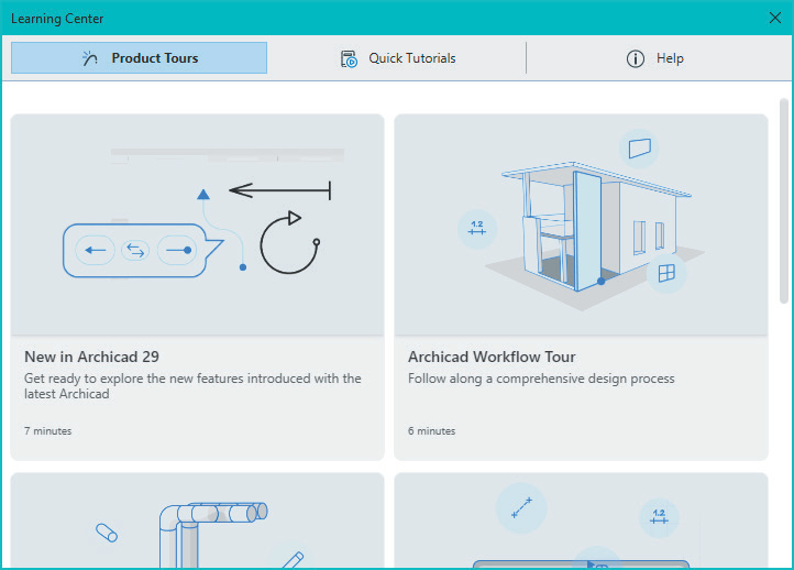 Archicad Learning Center showing Product Tours, Quick Tutorials and Help