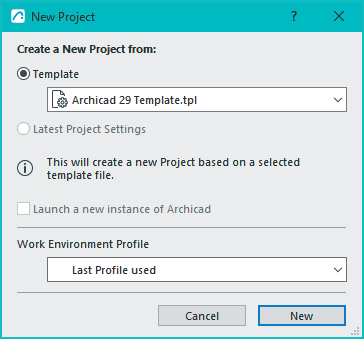 New Project dialog in Archicad 29 with template and work environment profile settings