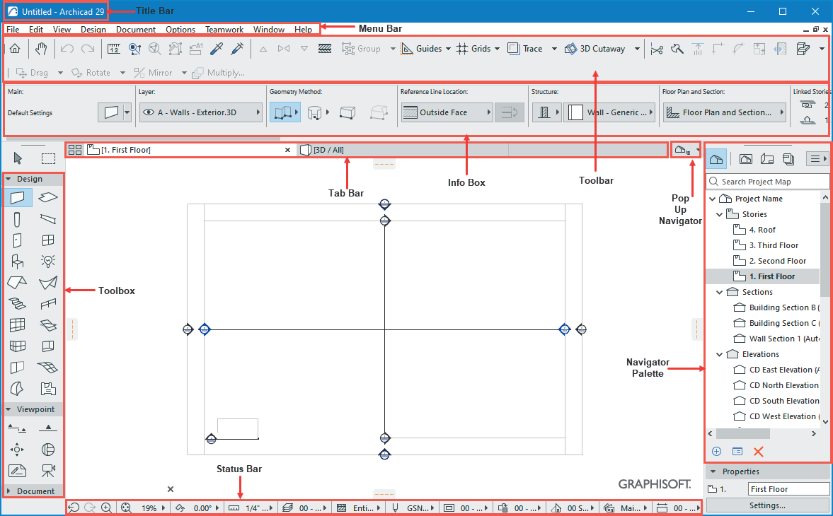 Archicad 29 workspace annotated to identify the Toolbox, Toolbar, Info Box, Navigator and Status Bar